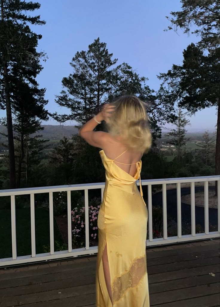 Sexy Yellow Satin Lace Party Dress Long Evening & Prom Dress - View 3 | FashionDia