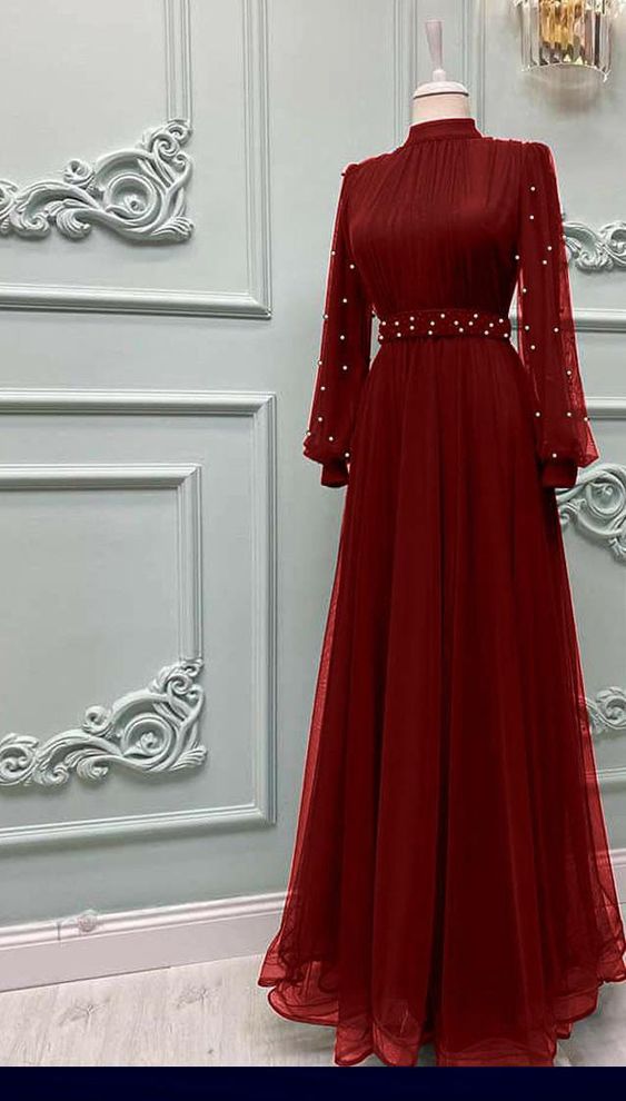 Dress with pearl long sleeve tulle Muslim dress, elegant evening dress - FashionDia