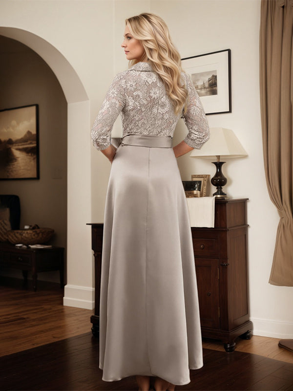 Classic V-Neck Bow Accented Satin Mother Of The Bride Dress With Lace - View 2 | FashionDia