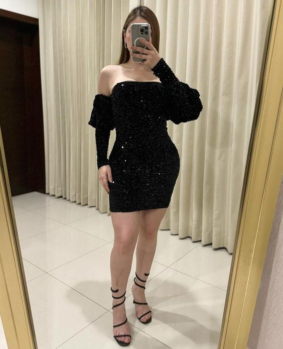 Elegant Black Sequin Sheath Homecoming Dress,Short Party Gown With Sleeves