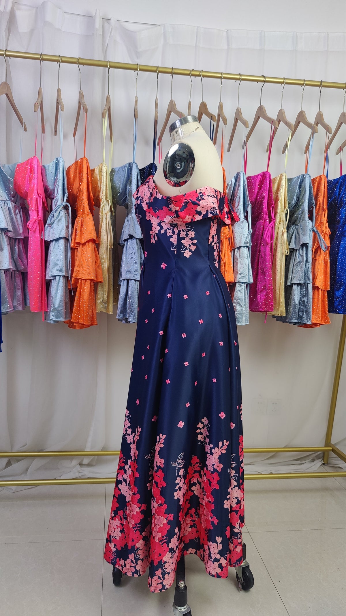 A-Line Off-the-Shoulder Ankle Length Satin Floral Mother of the Bride Dress - View 10 | FashionDia