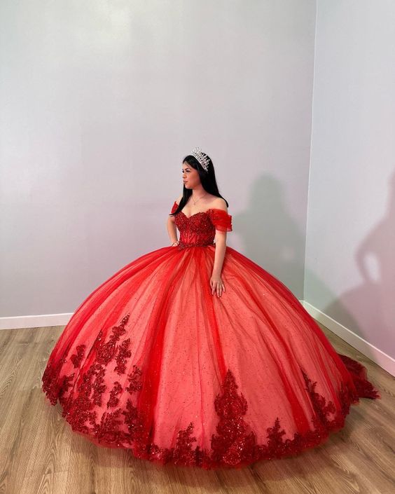 Red Off-the-Shoulder Ball Gown,Red Sweet 16 Dress,Princess Dress - View 2 | FashionDia
