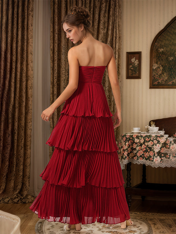 Burgundy A-Line Sweetheart Floor-Length Tiered Chiffon Bridesmaid Dress - View 2 | FashionDia