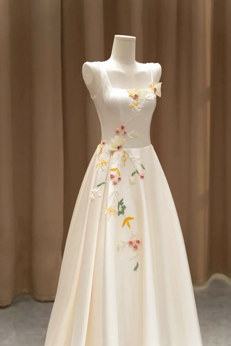 Elegant Satin Floor Length Formal Dress with 3D Flowers, Light Champagne A-Line Evening Party Dress - VelvetHem