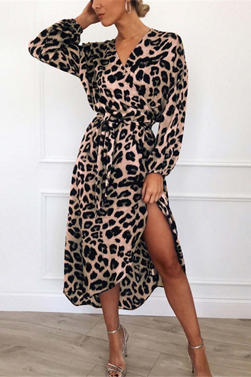 Minimalist Lucia V Neck Midi Dress with Leopard Print Waistband Elevated Occasion Wear