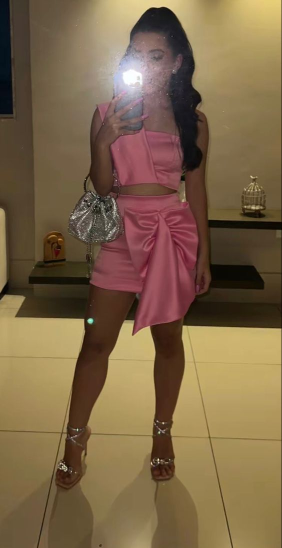 Pink Two Piece Sheath Short Prom Dress Homecoming Party Dress