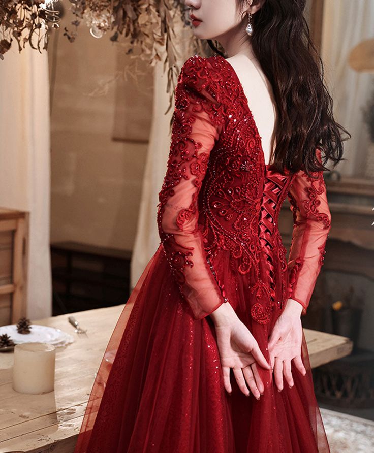 Burgundy Aline Lace Long Prom Dress, Burgundy Tulle Formal Graduation Dress - View 4 | FashionDia