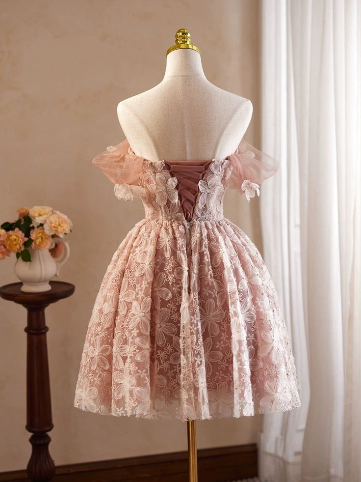 A-Line Off-the-Shoulder Tulle Lace Short Prom Dress, Homecoming Dress - View 2 | FashionDia