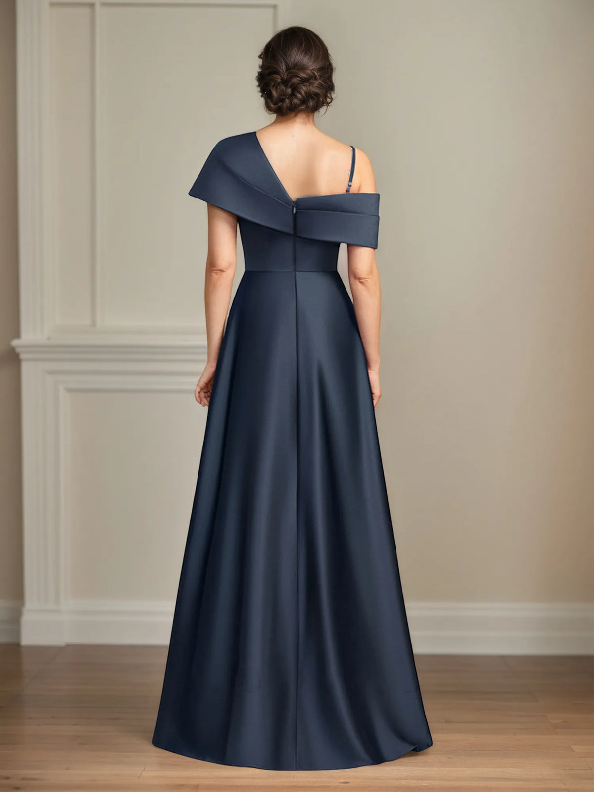 A-Line Asymmetrical Floor-Length Satin Mother of the Bride Dress With Pleated - View 2 | FashionDia