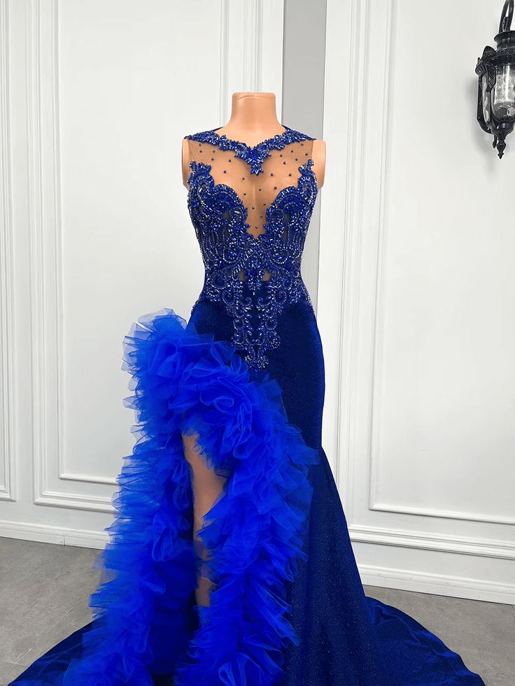 Royal Blue Mermaid Prom Dress Ruffled Evening Dresses with Slit - View 3 | VelvetHem