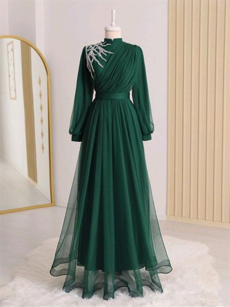 Tulle Beaded Muslim Evening Dresses Long Sleeve Formal Party Prom Gown High Neck Dress - VelvetHem