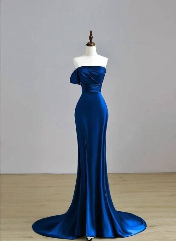 Royal Blue Satin Mermaid Long Party Dress, Royal Blue Prom Dress - FashionDia