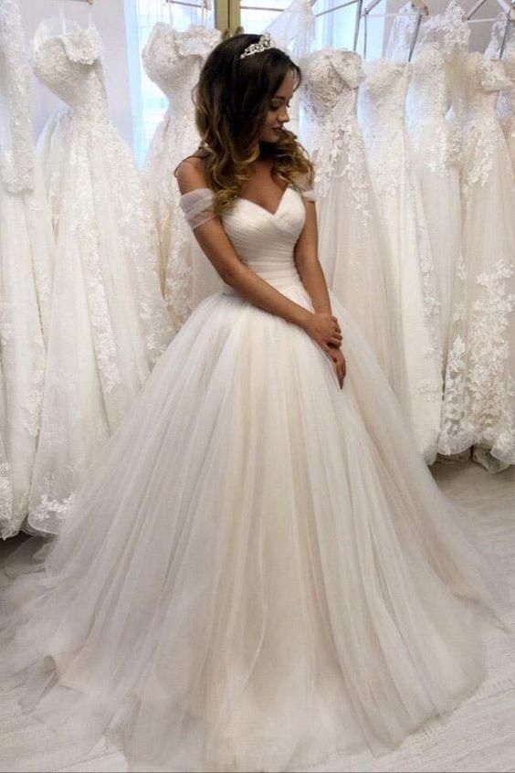 Off-the-Shoulder Tulle Wedding Dresses Pleated Ivory Wedding Gowns with Lace Up Simple Bridal Dress - FashionDia