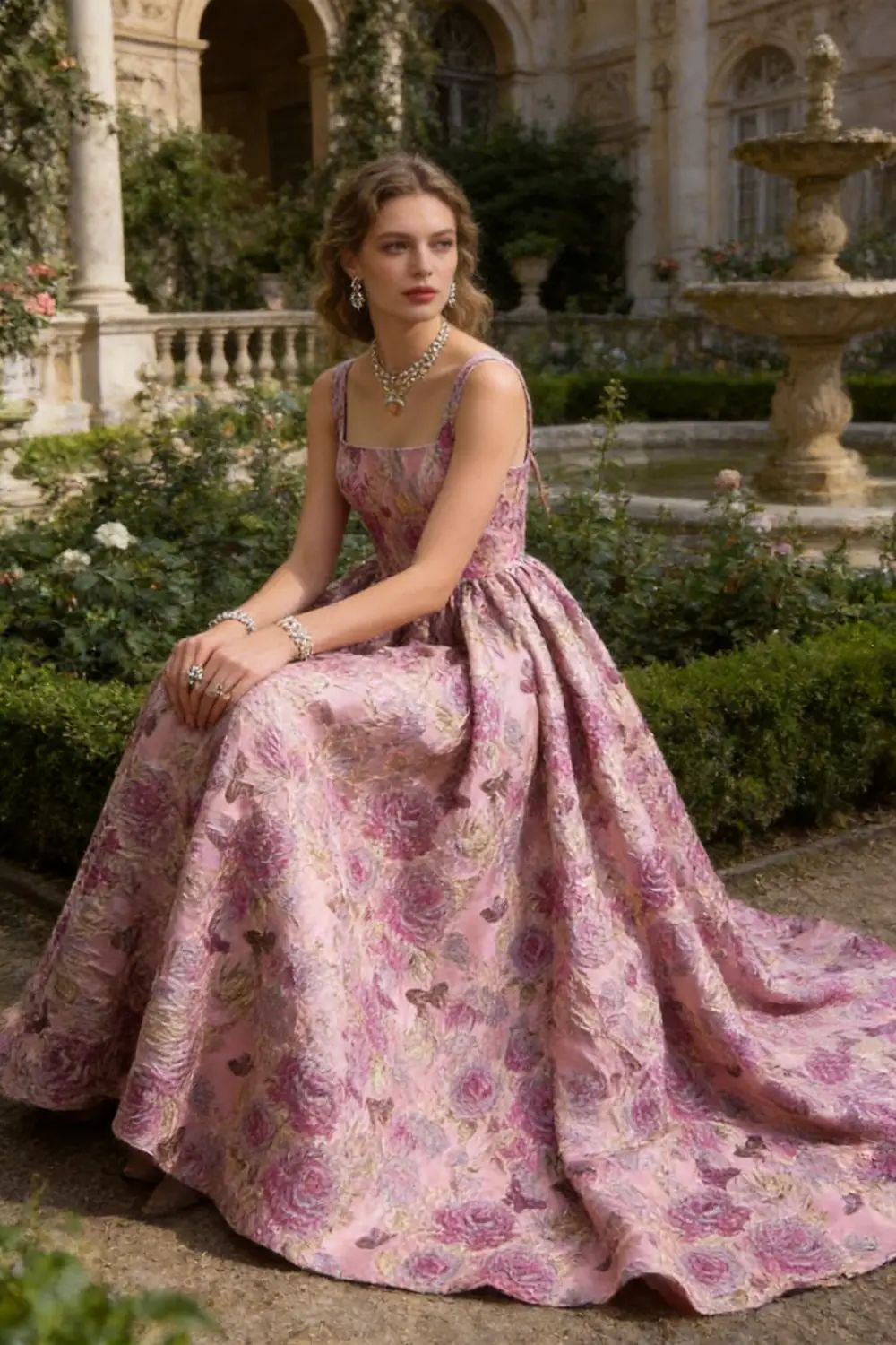 Floral Jacquard Square Neck Aline Evening Gown With Train (ZD17124)
