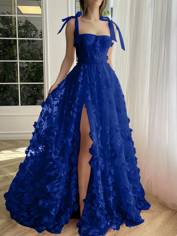 A-Line Princess Blue Straps Long Prom Floral Dresses With Split Side - FashionDia