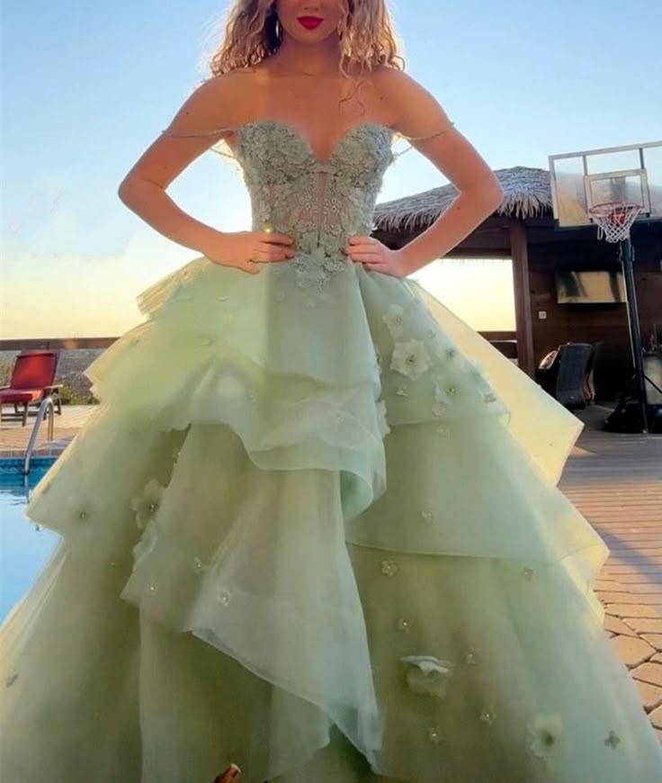 Ball Gown Sage Green Prom Dress Long Tiered Tulle Evening Dress
