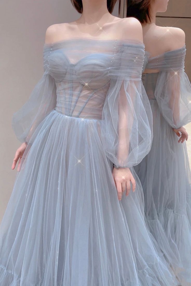 Blue Tulle Long Prom Dress, Beautiful Long Sleeve Tulle Evening Dress - FashionDia