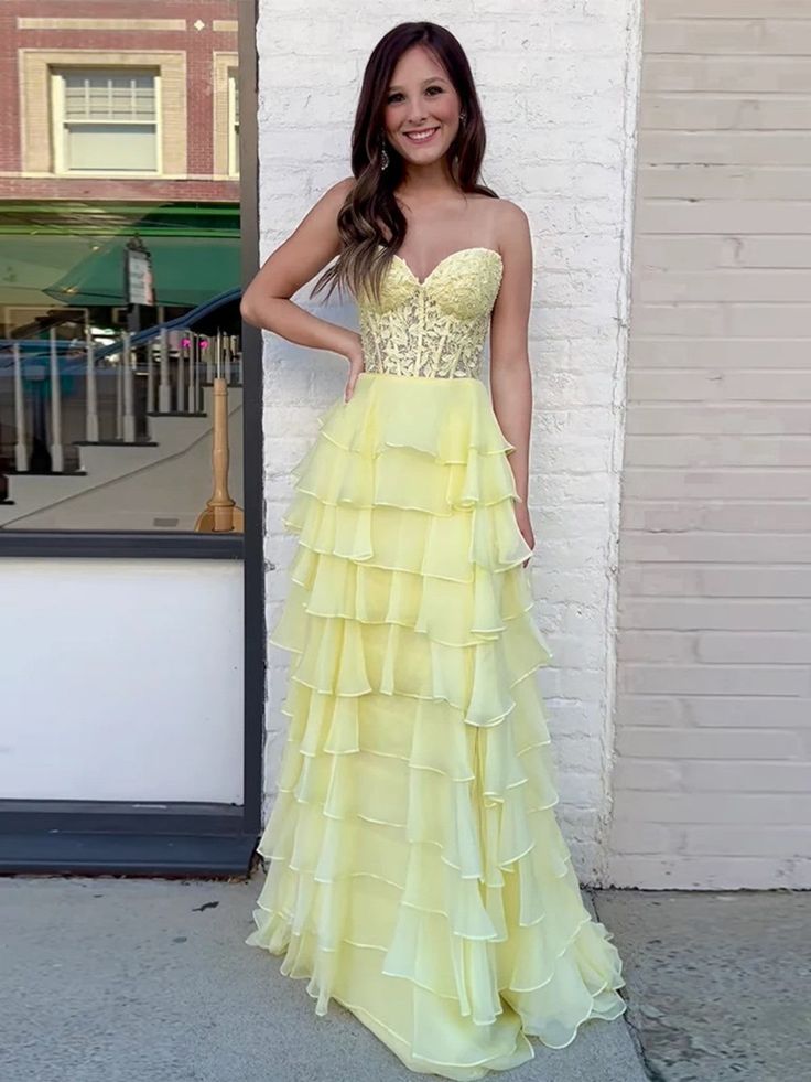 Strapless Layered Yellow Lace Top Long Prom Dresses, Long Yellow Formal Dresses, Yellow Chiffon Evening Dresses - FashionDia