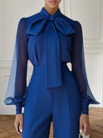 Women Royal Blue Mesh Bow Tie Neck Long Sleeve Dressy Jumpsuit - View 2 | FashionDia