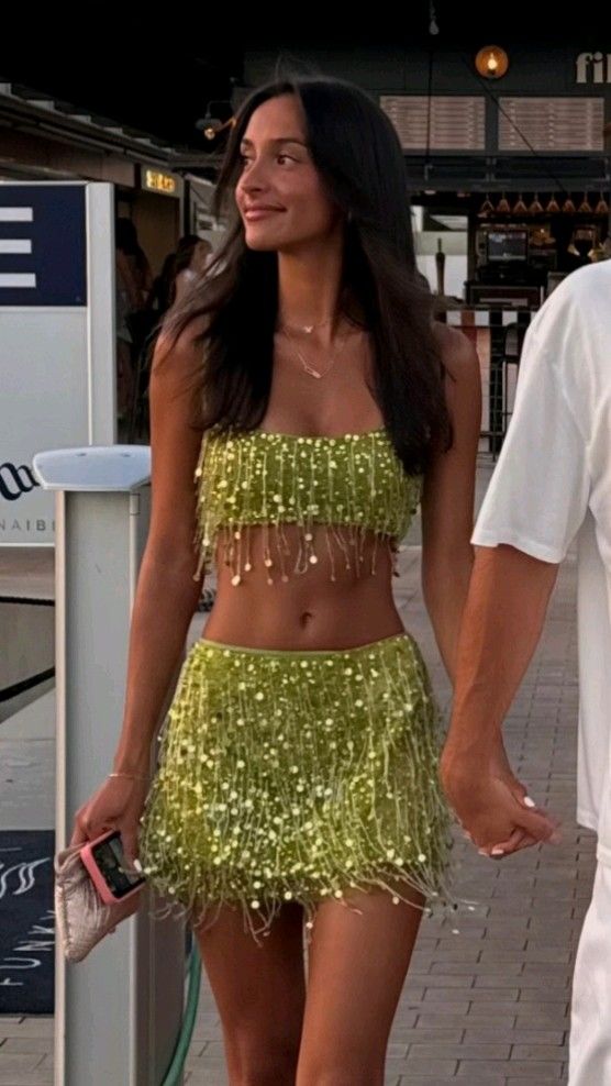 Fashion Sequin Tassel Green Two Piece Short Evening Dress Cocktail Dresses Short Party Dress
