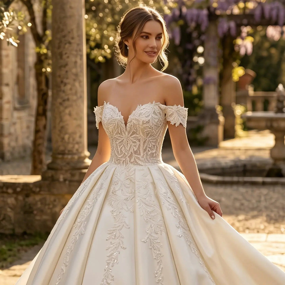 Luxury White Off-the-Shoulder Lace Satin Ball Gown Wedding Dress ZP069 - View 11 | VelvetHem