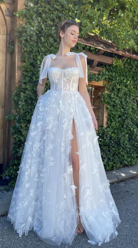 A-Line Appliques High Slit Floral Sleeveless Long Prom Formal Dress with Pockets