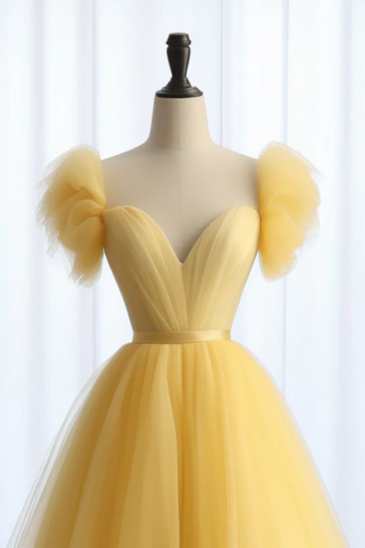A-Line Sweetheart Neck Tulle Yellow Long Prom Dress, Yellow Long Formal Dress - View 2 | FashionDia