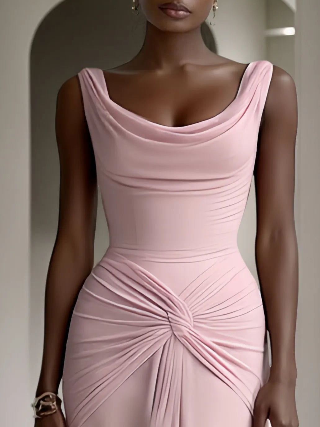Pink Ruched Slit Formal Dress Cowl Neck Sleeveless A-Line Gown Dress - View 2 | FashionDia