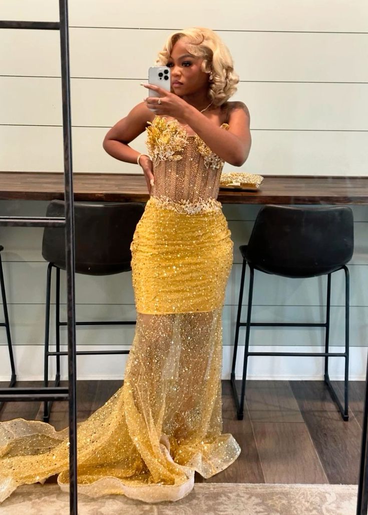 Gold Mermaid Prom Dress Evening Formal Party Birthday Engagement Gowns - View 3 | FashionDia