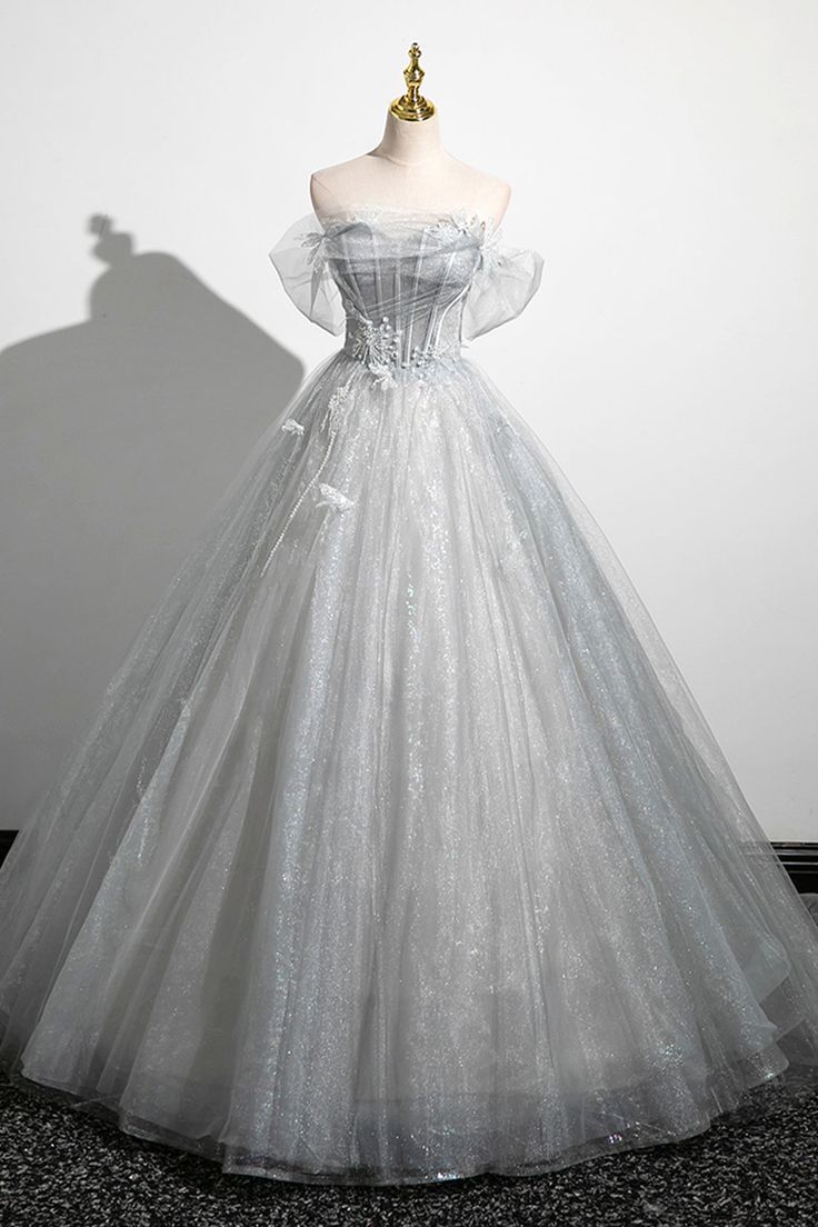 Gray A-Line Off-the-Shoulder Tulle Prom Dress, Lovely Corset Floor-Length Party Dress - FashionDia
