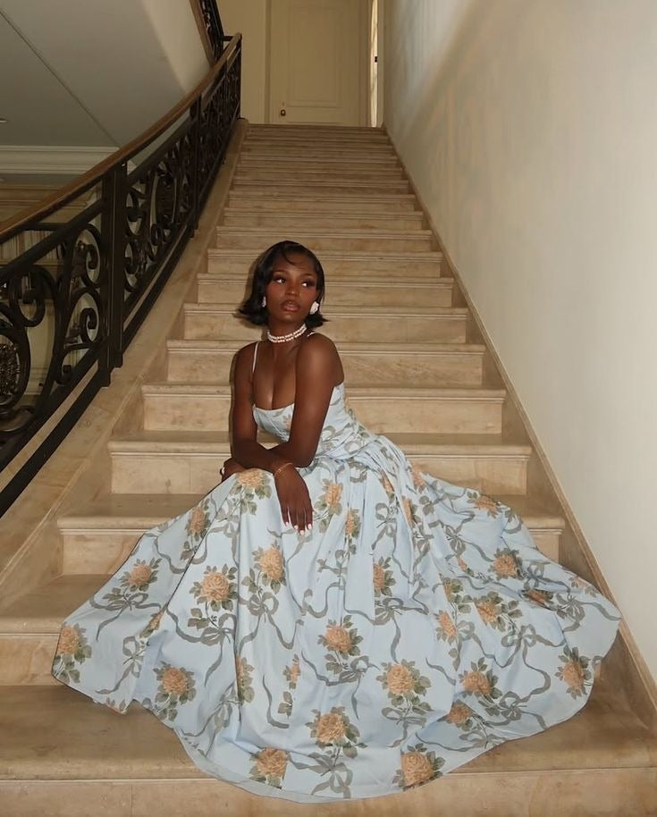Elegant Printed Long Dress Women Square Neck A-Line Beach Holiday Style Long Party Dress - FashionDia