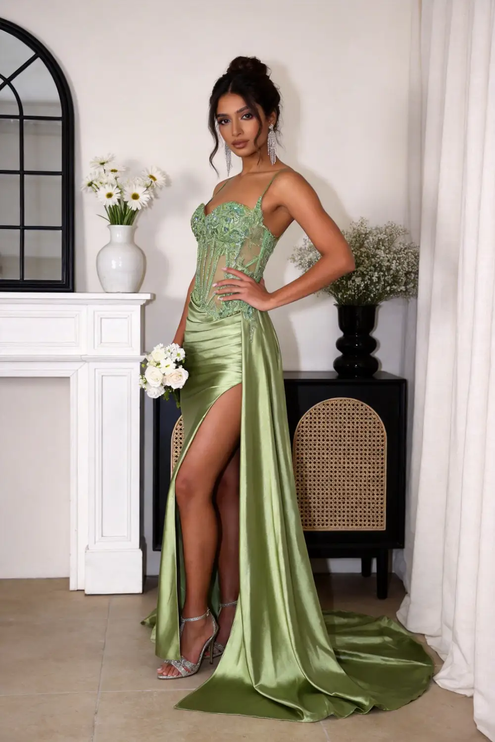 Olive Green Sequin Corset Mermaid Prom Dress Satin High Slit Gown (ZD17142)