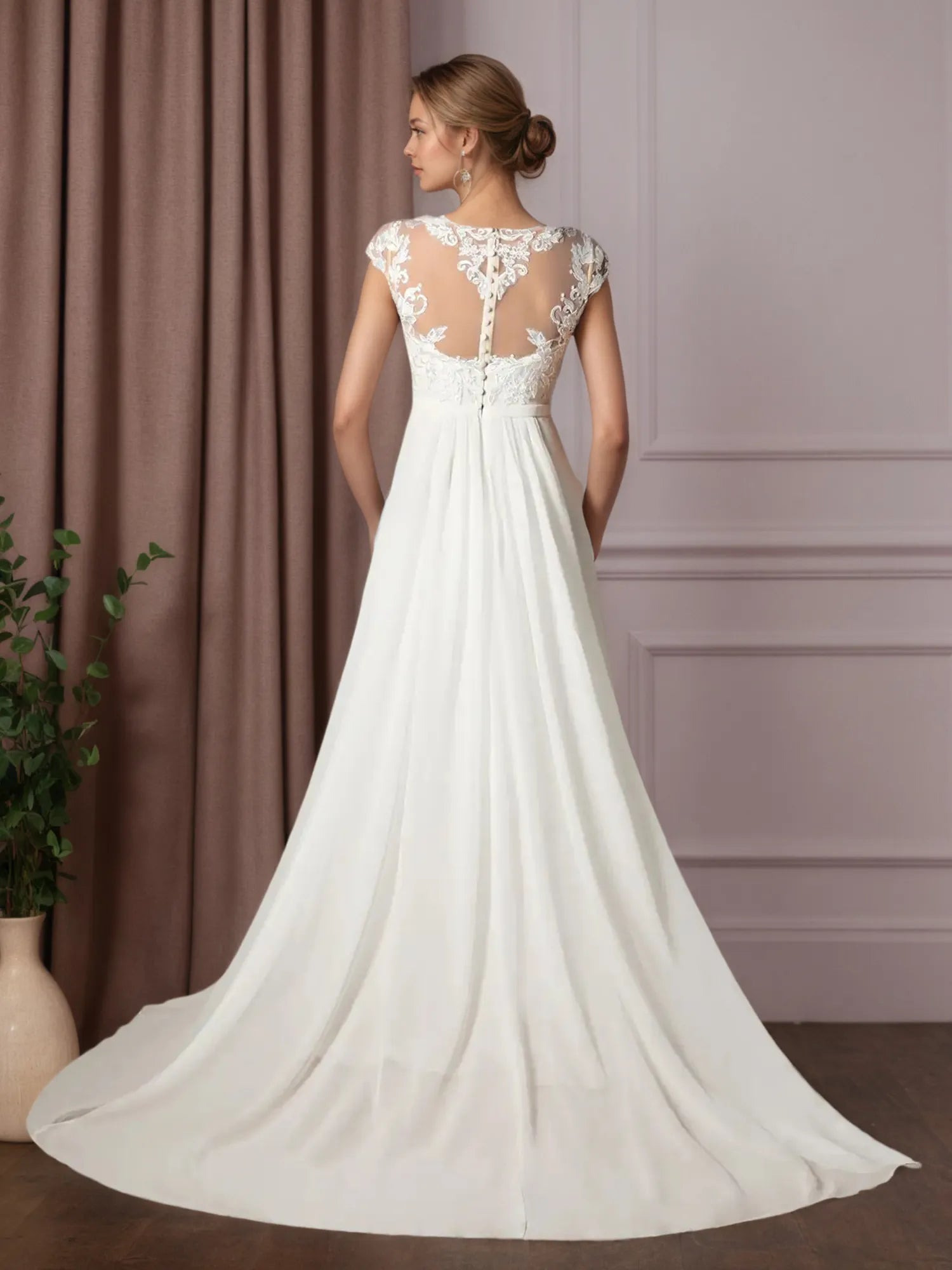 White A-Line Scoop Sequins Chiffon Wedding Dress