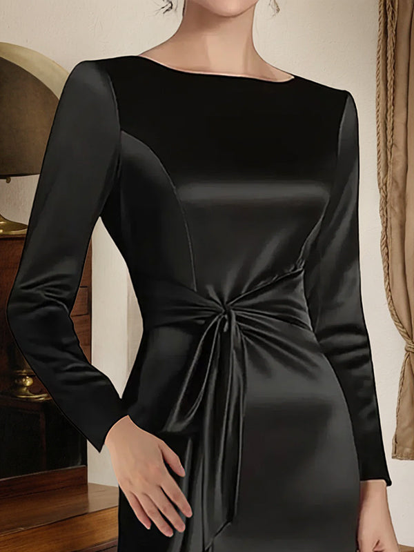 Satin Sheath Long Sleeves Mother of the Bride Dress with Side Waist - View 2 | FashionDia