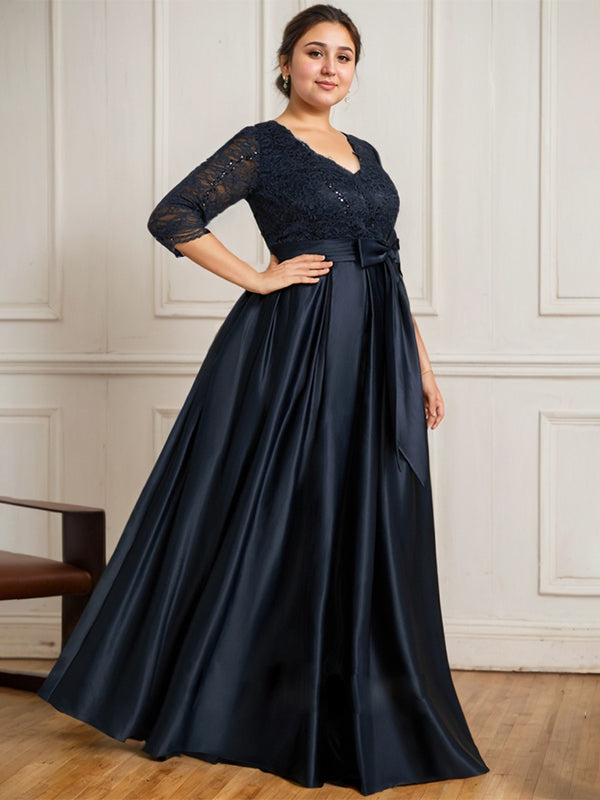 A-line V-Neck Floor-Length Satin Lace Mother of the Bride Dress With Sequins Bow - View 7 | FashionDia
