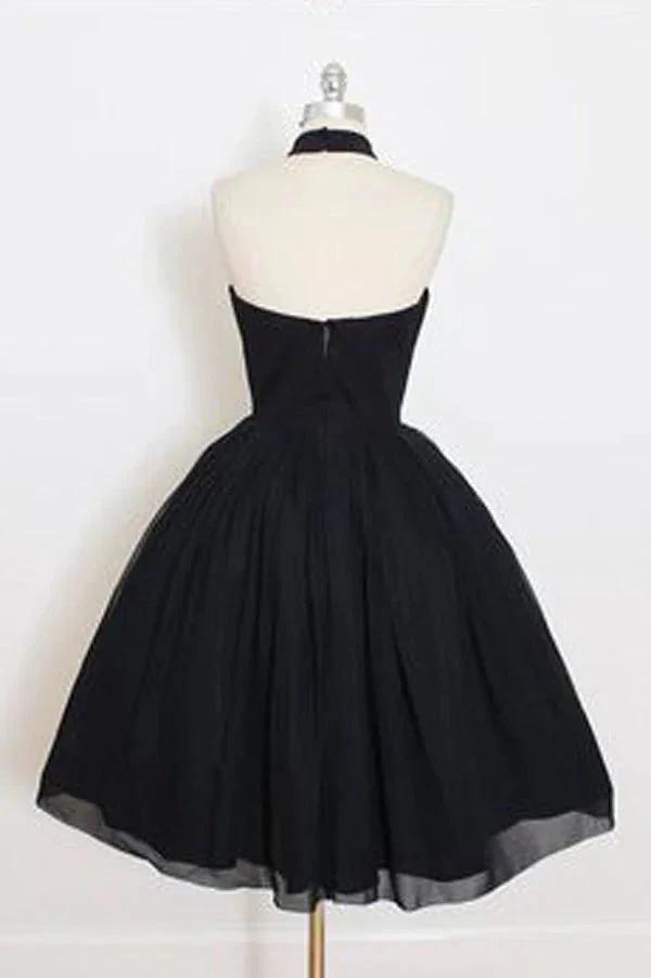 Black Halter A Line Sleeveless Tulle Ball Gown Mid Homecoming Dresses (ZD11564)