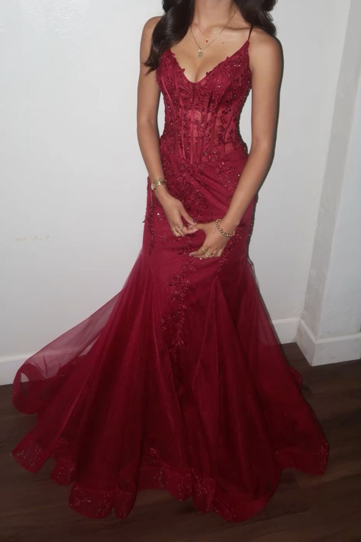 Burgundy mermaid style corset prom dress - FashionDia
