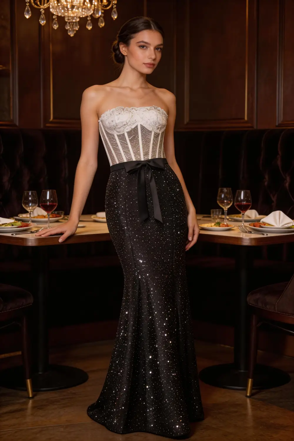 White Lace Corset Black Glitter Mermaid Prom Dress, Strapless Formal Evening Gown by tangjianjun