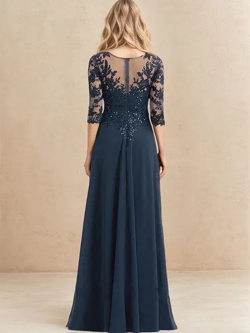 A-line V-Neck Floor-Length Lace Chiffon Mother of the Bride Dress With Sequins - View 2 | FashionDia
