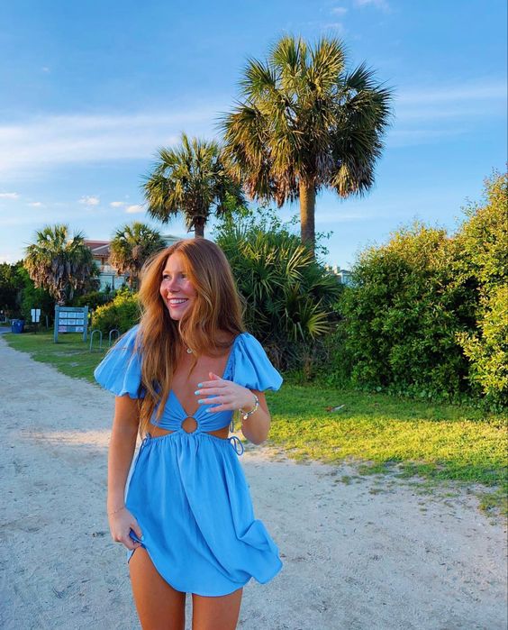 Blue Waist Cut Out Homecoming Dress,Blue Beach Dress