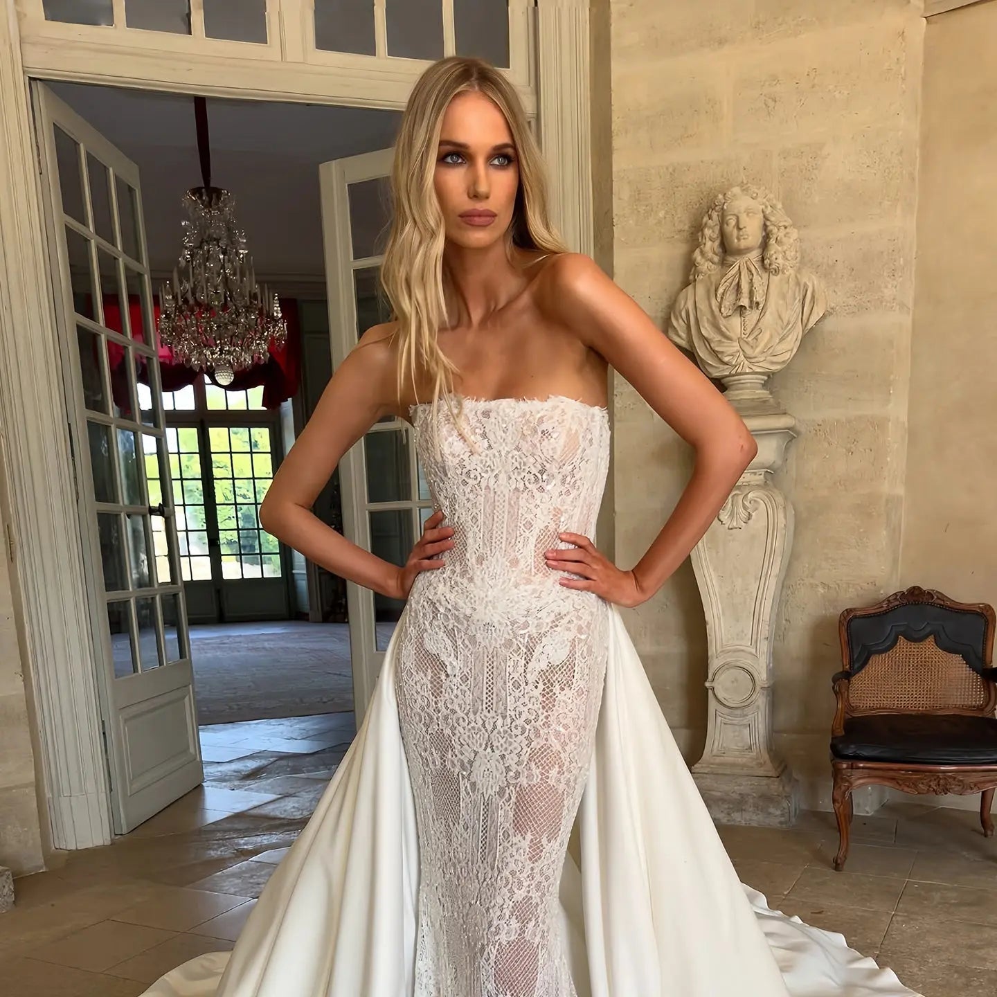 Luxury White Strapless Lace Mermaid Wedding Dress with Overskirt ZP086