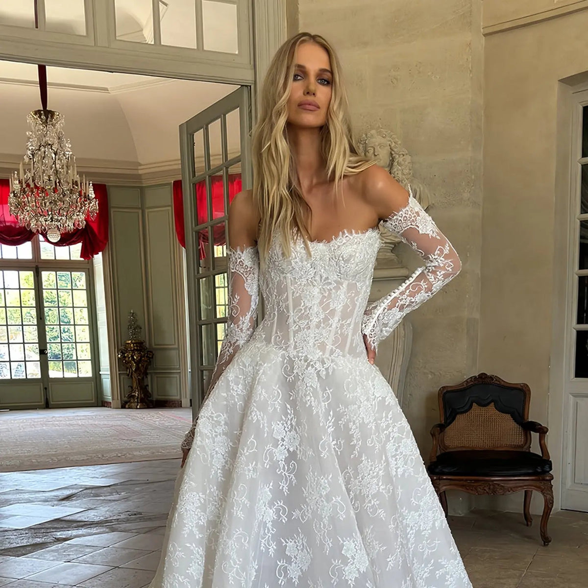 Regal White Off-the-Shoulder Long Sleeve Lace Ball Gown Wedding Dress ZP087
