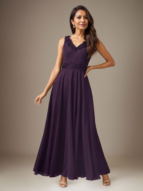 Plum A-Line Sequins Chiffon Dress - View 2 | FashionDia