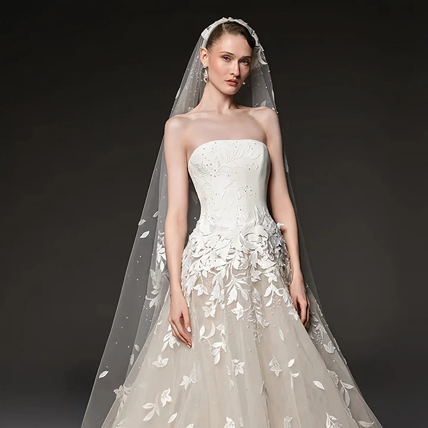 Dreamy Ivory Strapless Floral Lace Mermaid Train Wedding Dress with Veil ZP083