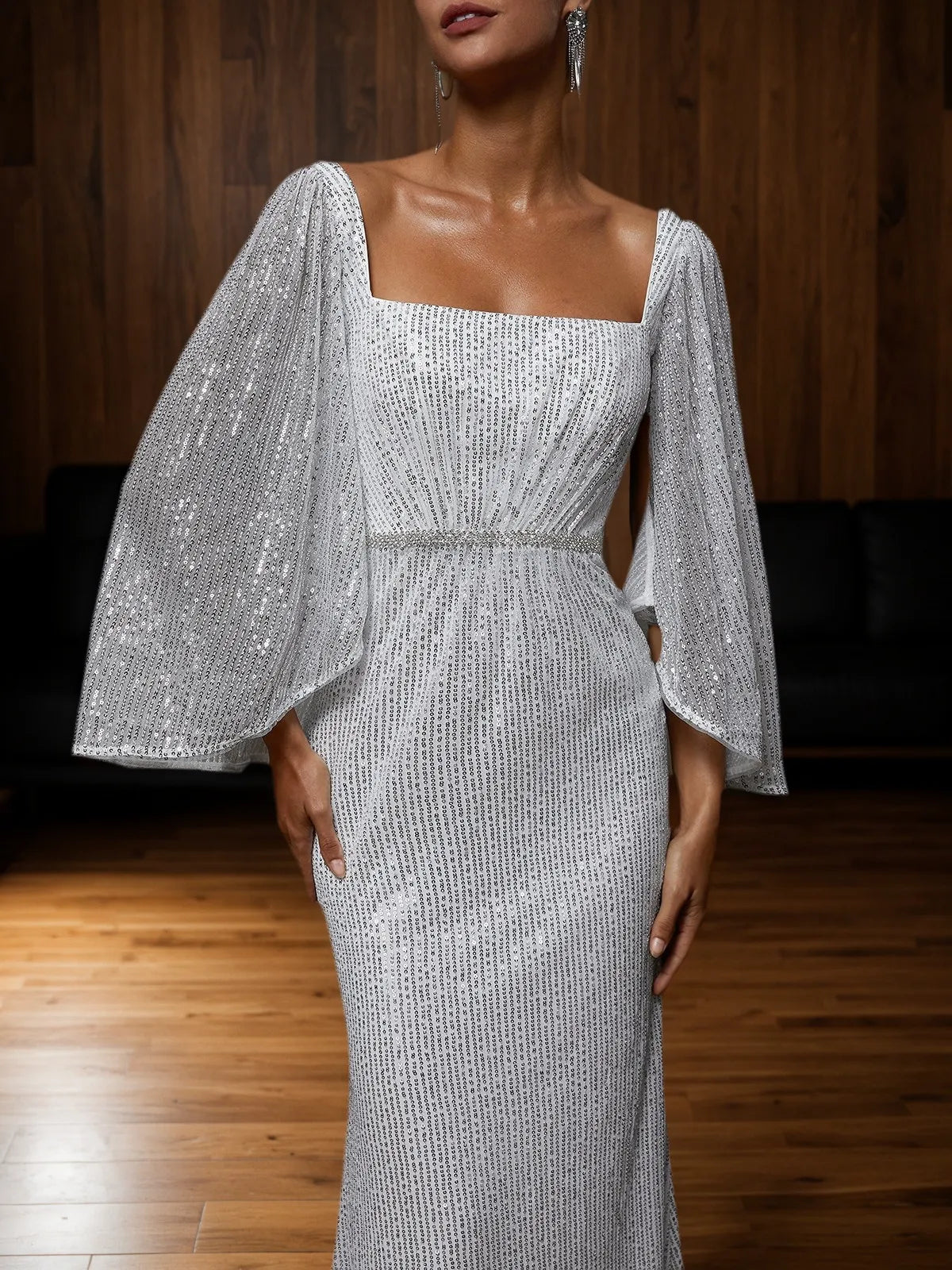 Silver Rhinestone Sequin Square Neck Three Quarter Sleeve Sheath Gown Dress