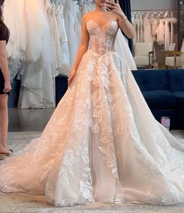 A Line Long Wedding Dress Strapless Lace Up Back Bridal Gown - View 2 | VelvetHem