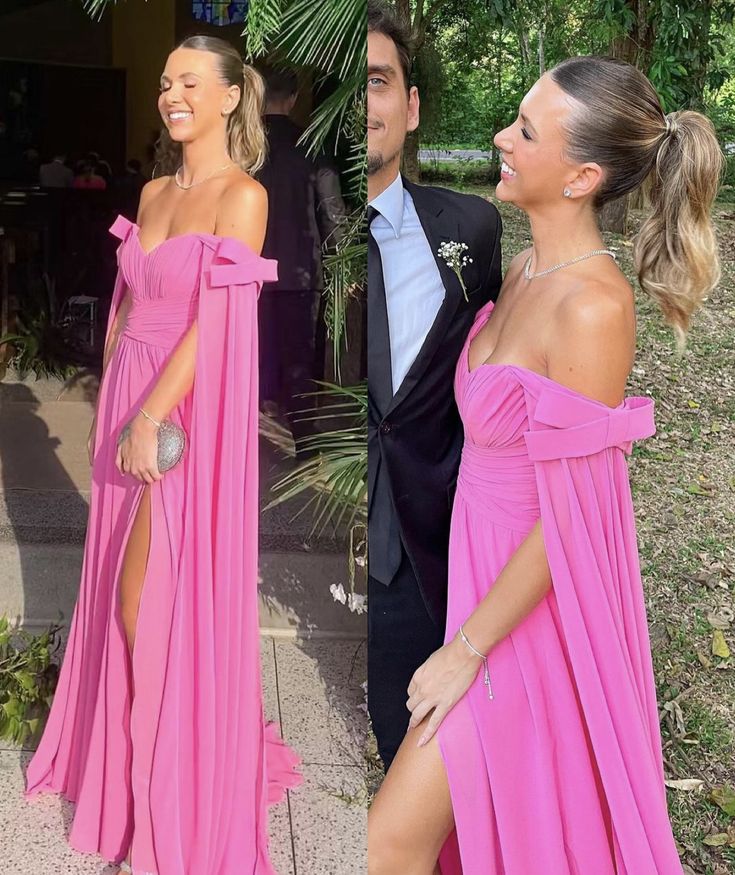 Hot Pink A Line Off Shoulder Prom Party Dress Long Formal Evening Dress