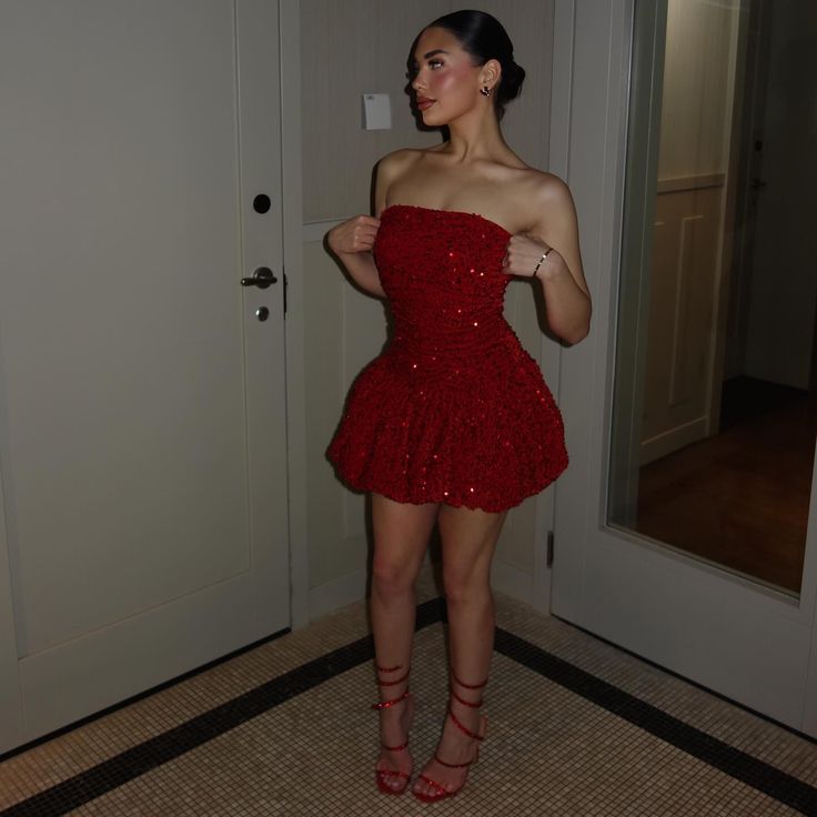 A Line Red Sequin Birthday Outfit Short Evening Dress Short Party Dress Homecoming Dress fg8053