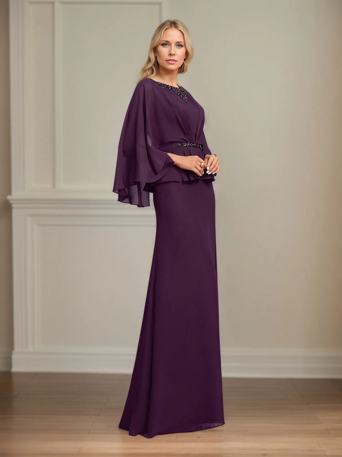 A-line Scoop Floor-Length Chiffon Mother of the Bride Dress With Pleated Sequins Beading - View 3 | FashionDia