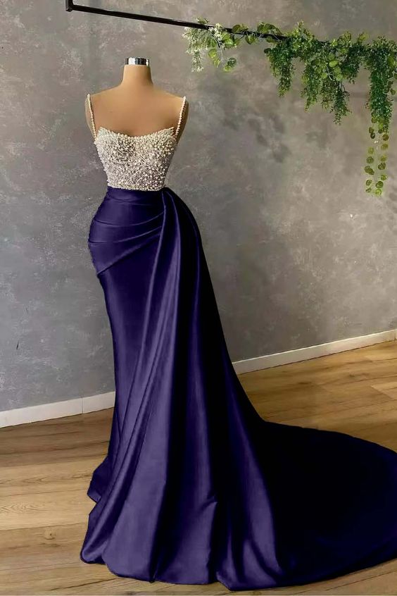 Gorgeous Spaghetti-Straps Pearl Mermaid Evening Dress